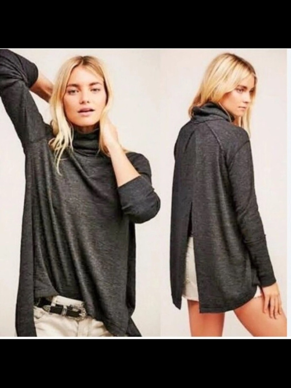 We The Free People Charcoal Gray Turtleneck Split-Back Top Medium